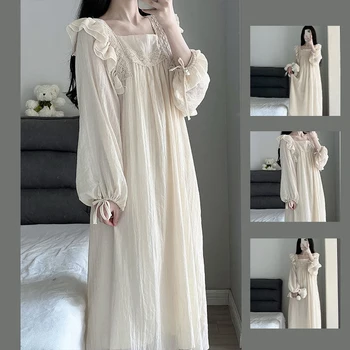 Lace Nightgown Sleepwear Womens Korean Ruffles Night Dress Lace One Piece Pajamas Autumn Long Sleeve Square Collar Home Wear New