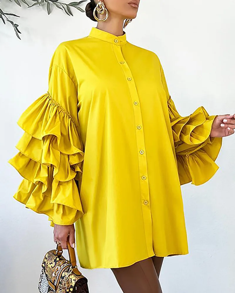 Women Yellow High Waist O Neck Mini Dress Layered Ruffle Hem Button Front Shirt Dress Party Evening
Women Yellow High Waist O Neck Mini Dress Layered Ruffle Hem Button Front Shirt Dress Party Evening