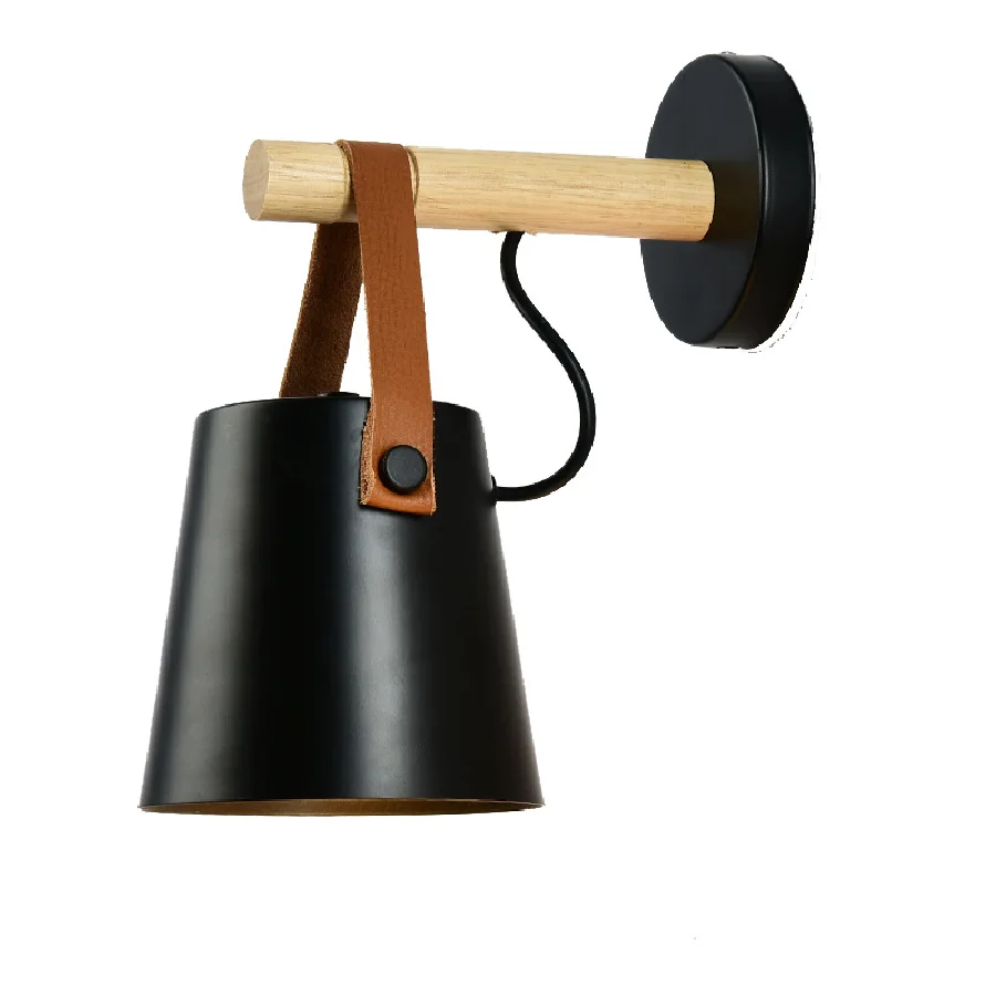 

Светодиодный настенные лампы абажур для гостиной, настенные бра E27, скандинавский деревянный настенный светильник с ремешком, белый/черный ...