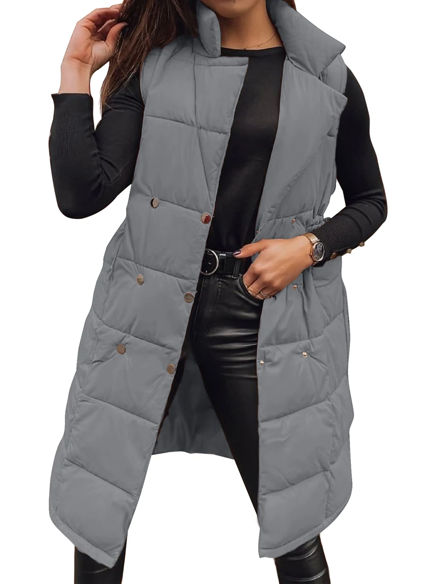 

Женский Длинный пуховой жилет большого размера, однотонная теплая куртка без рукавов, стеганая верхняя одежда, легкий пуховик, жилет