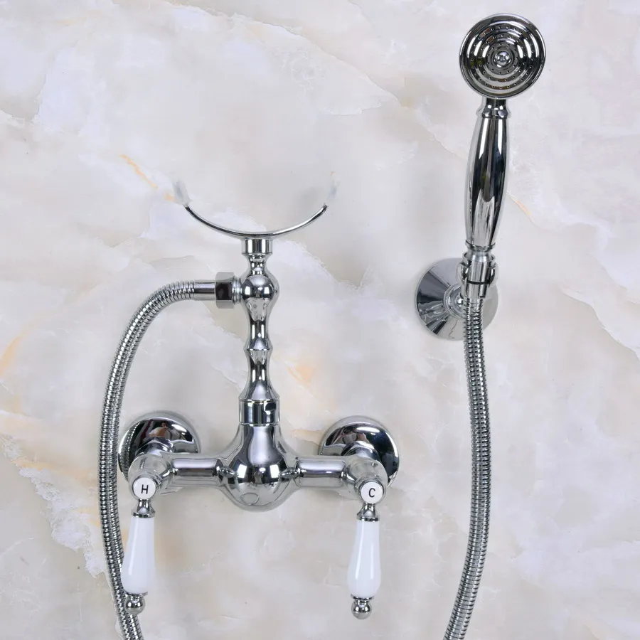 

Polished Chrome Brass Wall Mounted Bathtub Clawfoot Tub Bathroom Hand Held Shower Head Faucet Set W/ Bracket Wall Fixture ana267