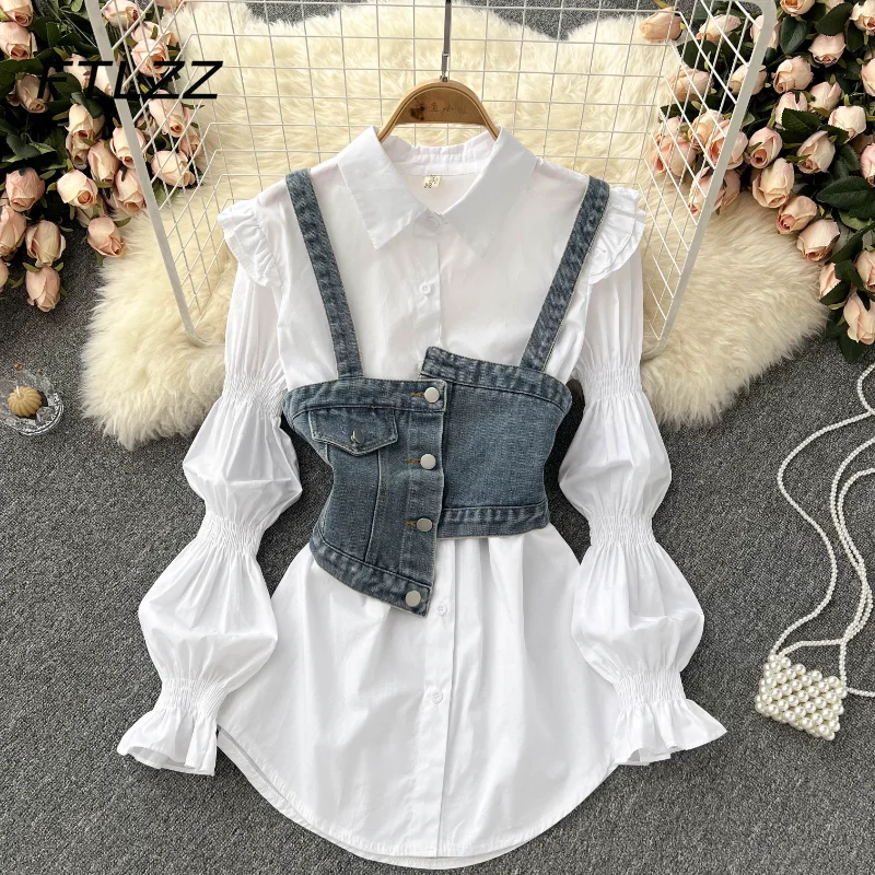 Fashion Suit Women Irregular Denim Sling Tank Tops White Blouse Two Piece Sets Spring Lapel Ruffled Puff Sleeve Blouse Outfits
Fashion Suit Women Irregular Denim Sling Tank Tops White Blouse Two Piece Sets Spring Lapel Ruffled Puff Sleeve Blouse Outfits