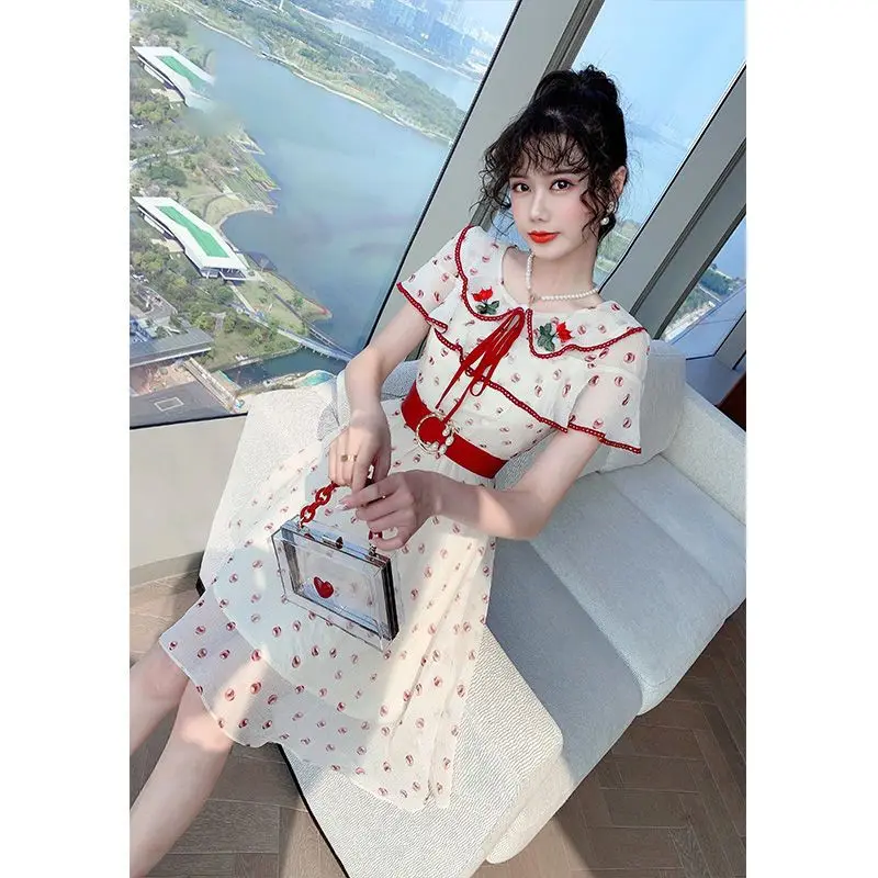 2023 Chiffon Dress Summer Female Print Butterfly Sleeve Korean Version High Waist Knee-Length Vestidos with Belt for Women Z154
2023 Chiffon Dress Summer Female Print Butterfly Sleeve Korean Version High Waist Knee-Length Vestidos with Belt for Women Z154