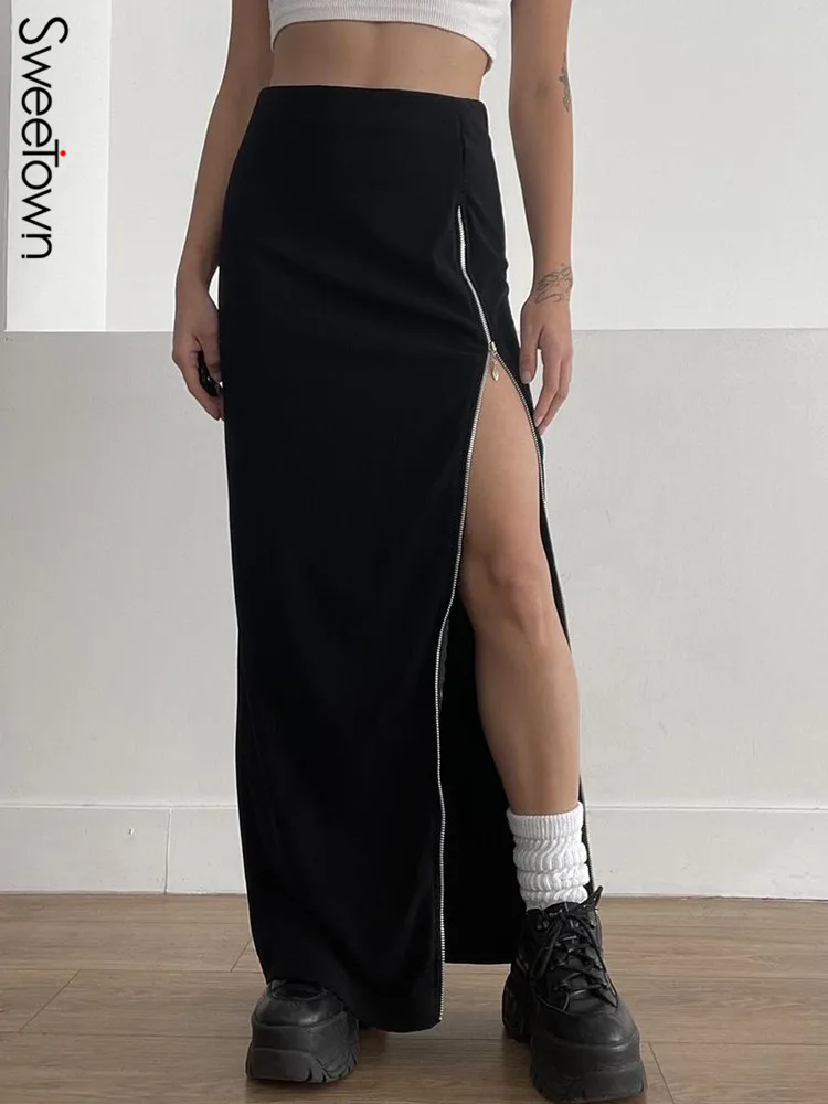 

Sweetown Side Zipper Slit Black Goth Long Skirts Womens Dark Academia Punk Streetwear Korean Fashion LowWaist Ankle-Length Skirt