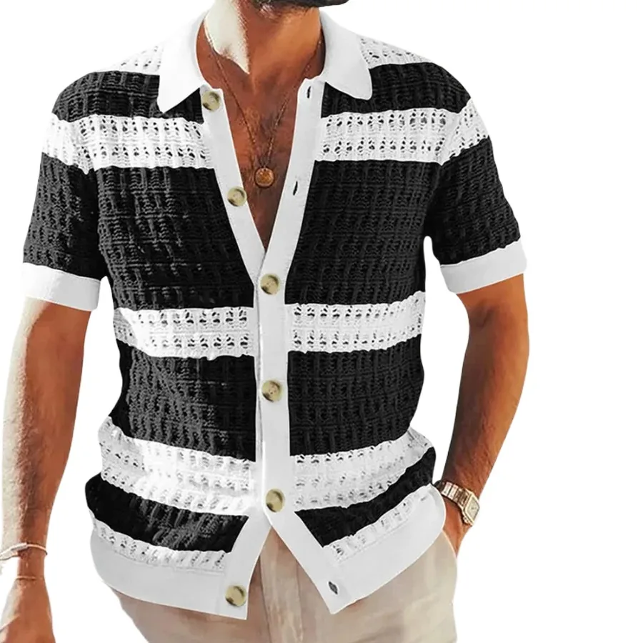 Мужская трикотажная рубашка в полоску, Повседневная Свободная винтажная кофта с коротким рукавом, отложным воротником на пуговицах, весна-лето
Мужская трикотажная рубашка в полоску, Повседневная Свободная винтажная кофта с коротким рукавом, отложным воротником на пуговицах, весна-лето