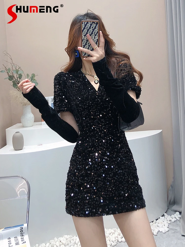 2022 Spring New Black Sequins Puff Sleeve Oversleeve Slim Fit Short Dress Lady Temperament V Neck Sheath Mini Dressess for Women
2022 Spring New Black Sequins Puff Sleeve Oversleeve Slim Fit Short Dress Lady Temperament V Neck Sheath Mini Dressess for Women