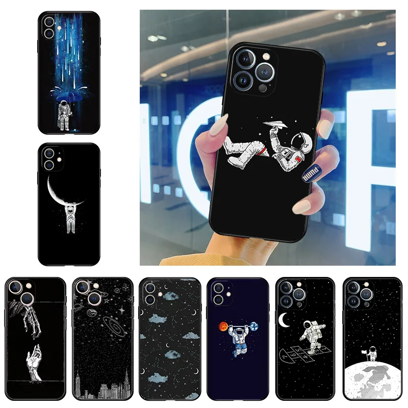 

Universe Phone Case for iphone 14 7 8 Plus 11 12 13 Pro XS Max 14Plus Mini XR SE Space Moon Astronaut Soft Black Silicone Cover