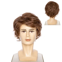 Gres Short Brown Men Wig Side Part Puffy Synthetic Wigs Natural Black for Male High Temperature Fiber for Daily Wear