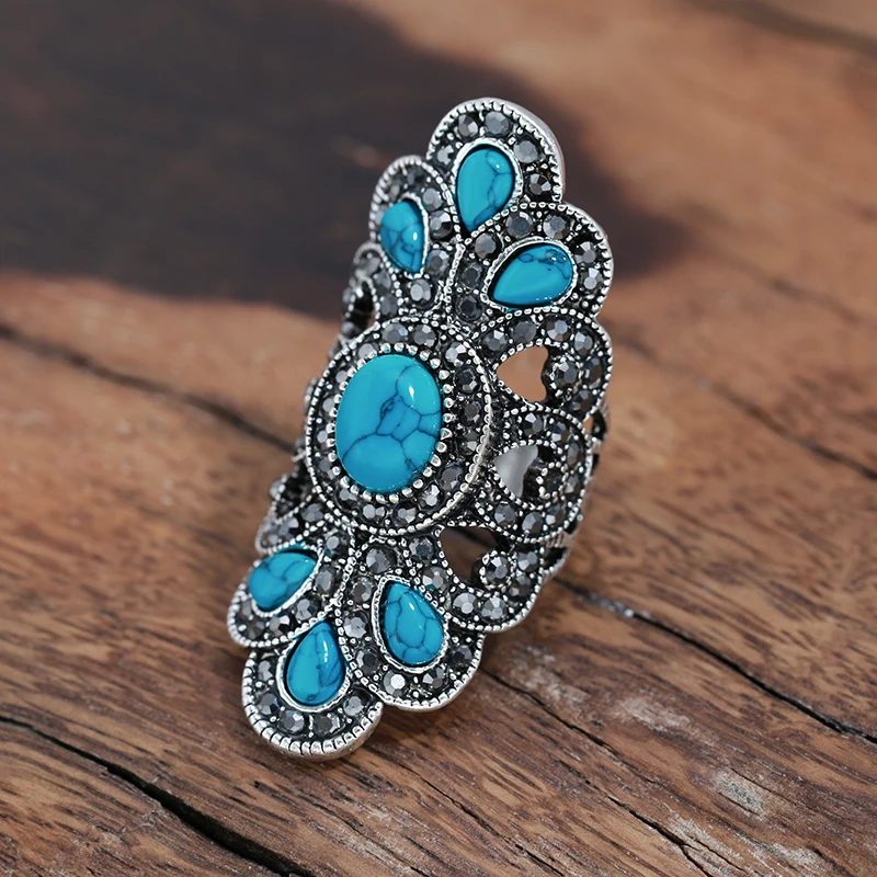 

Wbmqda Vintage Geometric Turquoise Rings For Women Grey Crystal Setting Antique Silver Look Bohe Ethnic Style Anniversary Gift