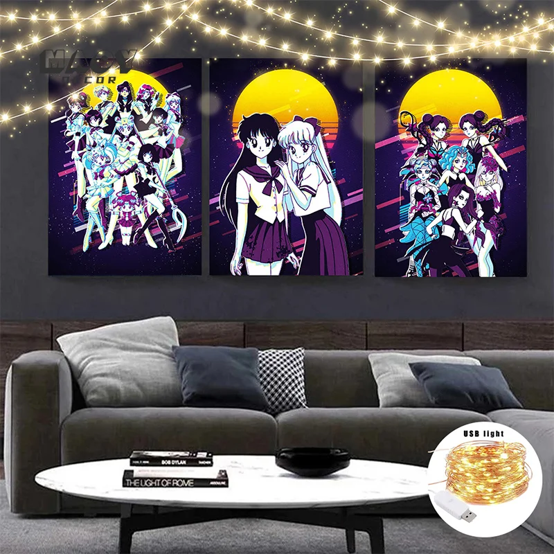 Vintage Sailor Moon With Lights Canvas Painting Posters Moon Girl Wall Art Anime Bar Cafe Decor Gift Paintings for Living Room
Vintage Sailor Moon With Lights Canvas Painting Posters Moon Girl Wall Art Anime Bar Cafe Decor Gift Paintings for Living Room