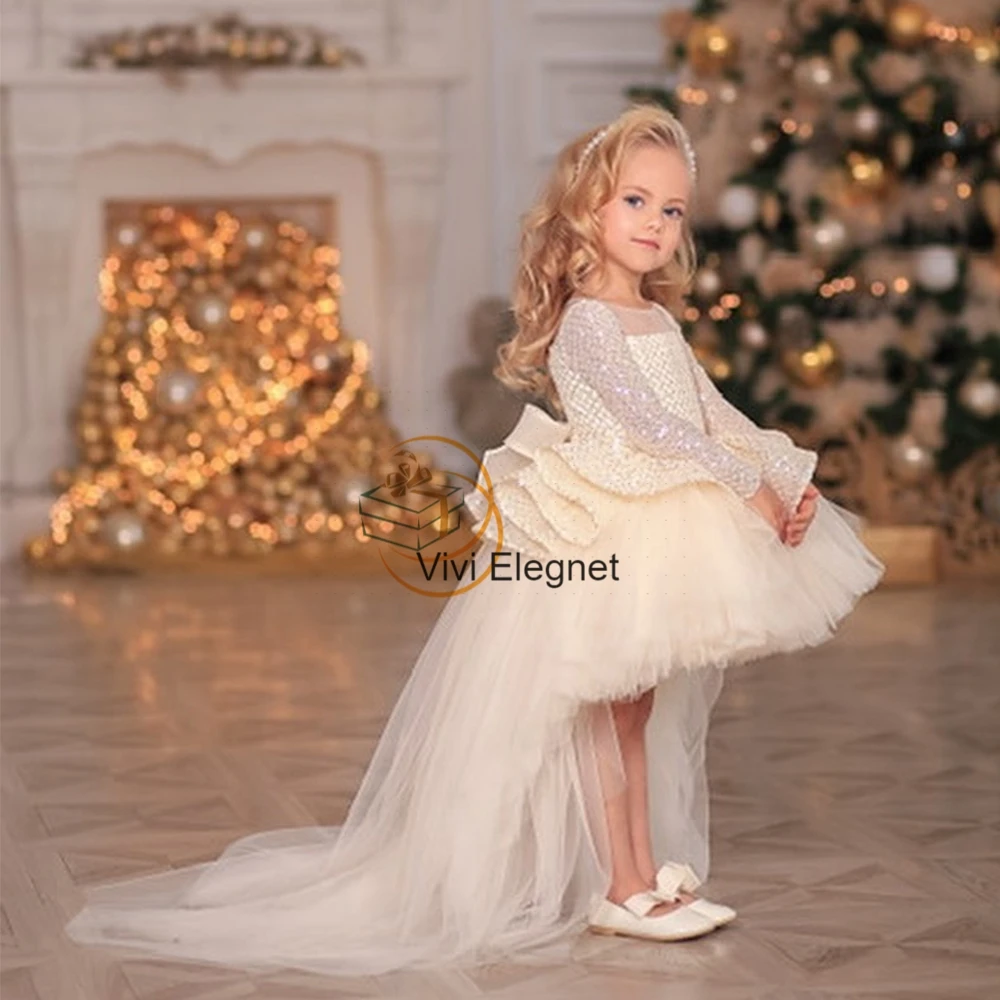 

Scoop Full Sleeve Knee Length Champagne Flower Girl Dresses New Sequined Wedding Party Gowns with Bow 2023 فساتين اطفال للعيد