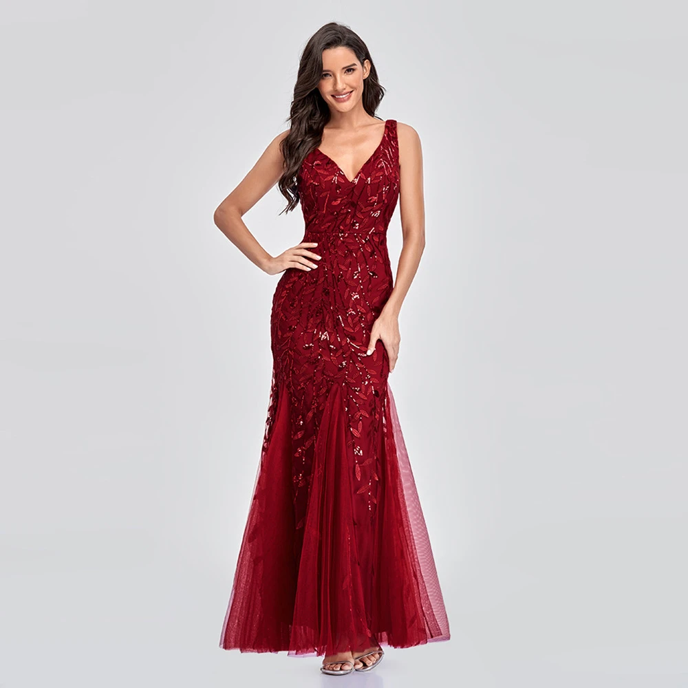Women's Double V-Neck Sleeveless Mermaid Dress Embroidered Lace Sequins Evening Maxi Evening Dress Vestido de noche
Women's Double V-Neck Sleeveless Mermaid Dress Embroidered Lace Sequins Evening Maxi Evening Dress Vestido de noche
