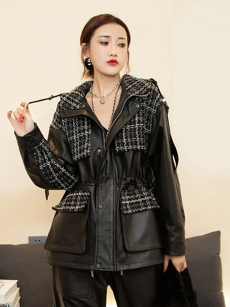 

2023 Women Casual Patchwork Hoody Cargo Jacket Streetwear Moto Biker Outwear Coat Autumn Female Oversize Loose Genuine Leather