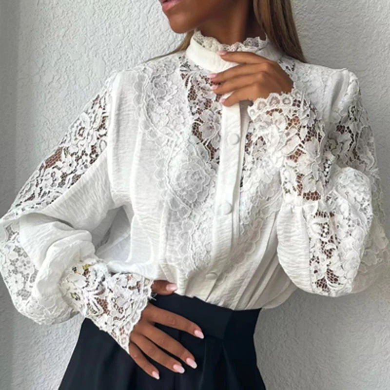 Spring Elegant Lace Lace High Neck Lantern Sleeve Women's Shirt Pullover Casual Solid Color Straight Shirt Office Women's Shirt
Spring Elegant Lace Lace High Neck Lantern Sleeve Women's Shirt Pullover Casual Solid Color Straight Shirt Office Women's Shirt