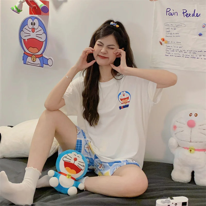 

Summer Korean Women Pajama Sets Mujer Loose Pyjamas Sleepwear Short Sleeve Modal Fabric Anime Doraemon Female Pijama Home