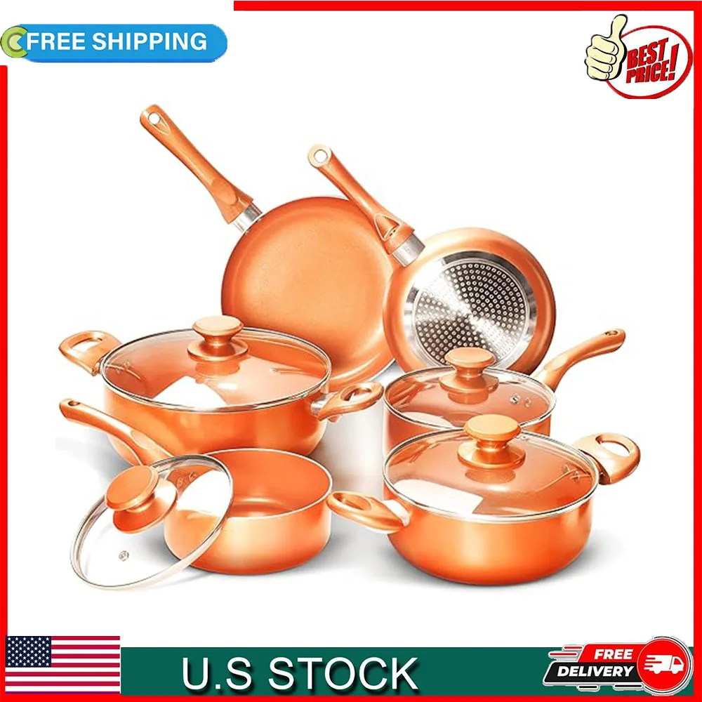 

FRUITEAM 10pcs Cookware Set Ceramic Nonstick Soup Pot/Milk Pot/Frying Pans Set | Copper Aluminum Pan with Lid, Induction Gas