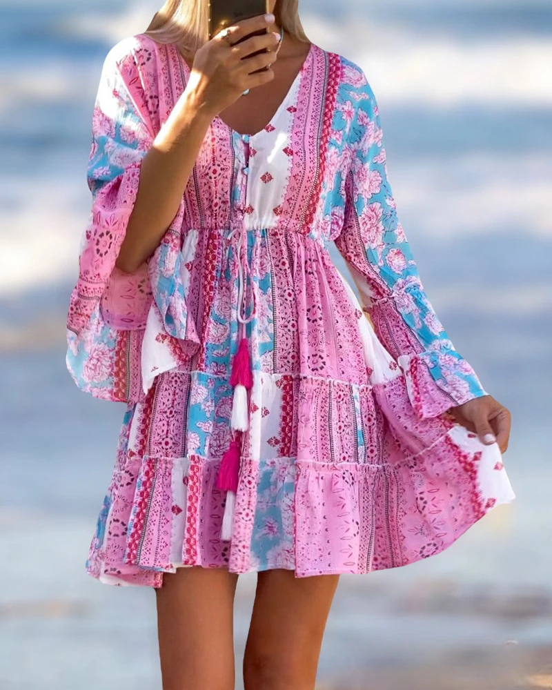 

Dress Summer 2023 Women New Vintage Colored Floral Print Flare Sleeve Waist Tie Casual Beach Mini Women's Dresses Lady Vestidos