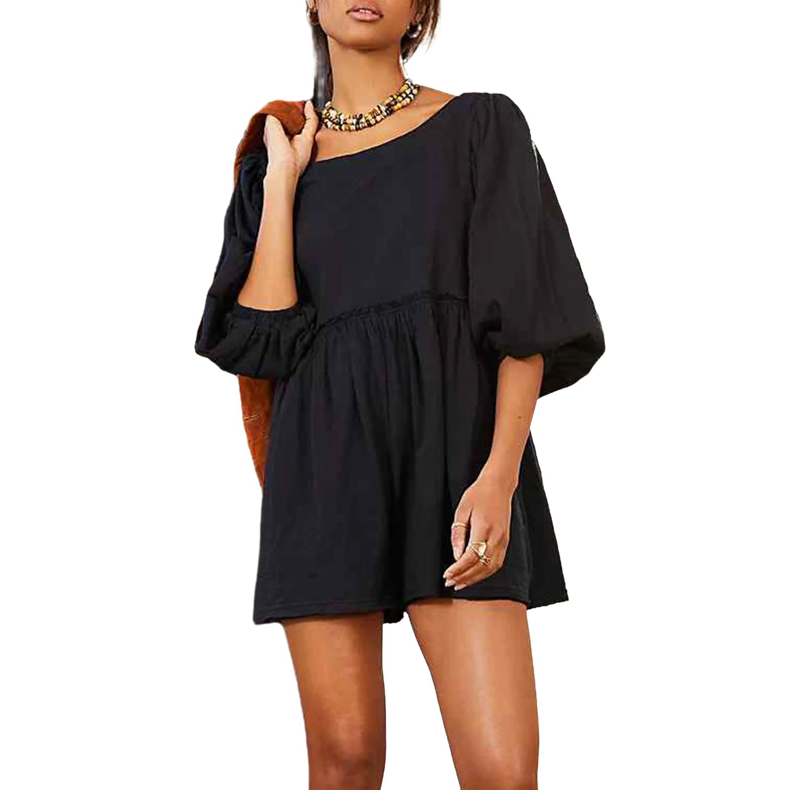 Короткий плиссированный комбинезон с круглым вырезом, женский комбинезон большого размера с пышными рукавами, однотонное базовое боди, наряд для отпуска с талией 
Короткий плиссированный комбинезон с круглым вырезом, женский комбинезон большого размера с пышными рукавами, однотонное базовое боди, наряд для отпуска с талией