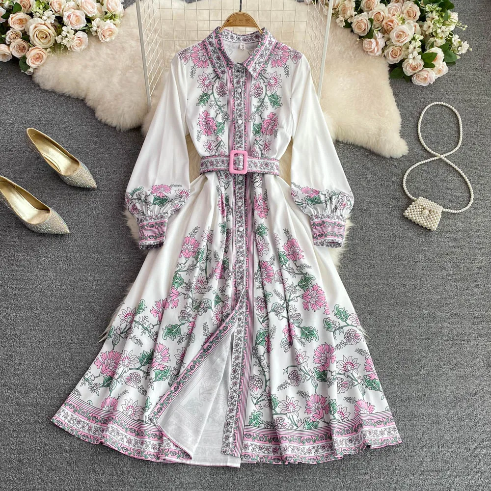 

Spring Retro Palace Style Lapel Waist Long Sleeve Positioning Printing Single-breasted A-line Dress Elegant Large Swing Dress