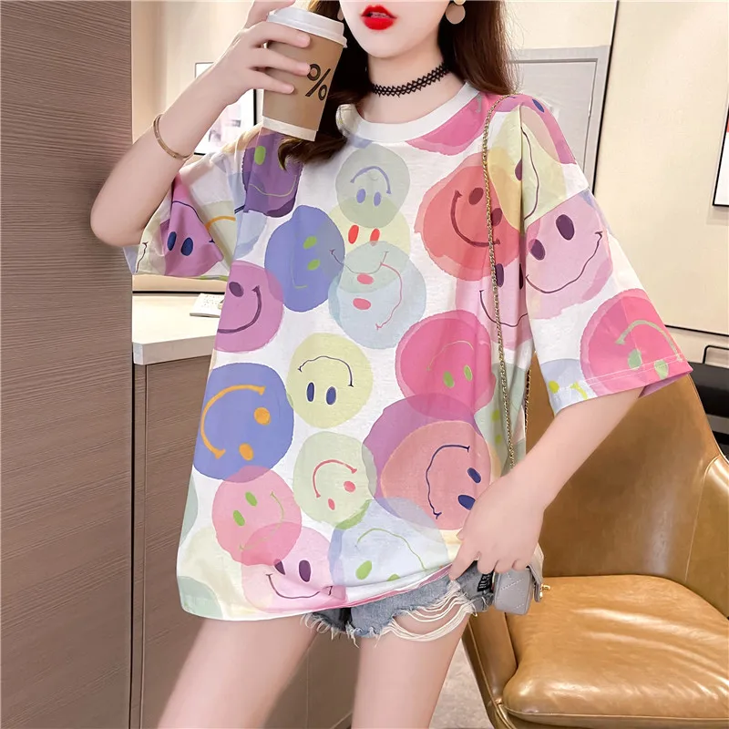 T-shirt Smiley Print Summer Short-sleeved All-match Design Half-Sleeve top Women Student Trend Loose Casual Crew Neck T-shirt
T-shirt Smiley Print Summer Short-sleeved All-match Design Half-Sleeve top Women Student Trend Loose Casual Crew Neck T-shirt