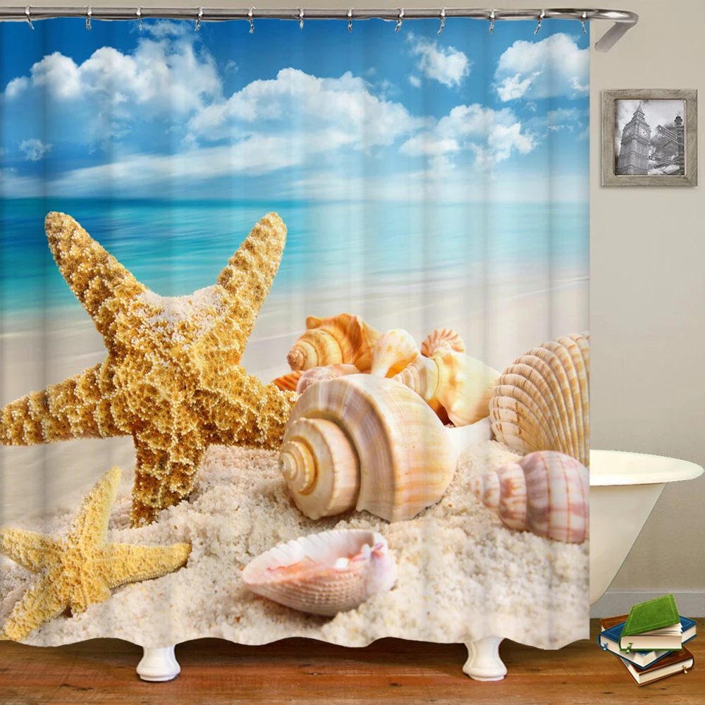

3d-занавеска для душа, водонепроницаемый шторка с крючками для защиты от солнца, пляжа, пальмы, Приморского пейзажа, ванной комнаты