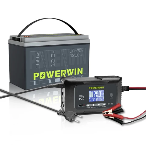 POWERWIN BT100 12V 100Ah/1280Wh LifePO4 P20 20A, 12V20A, 24V10A Smart Charger AGM Automatic LCD Lead-Acid Lithium Pulse Repair
