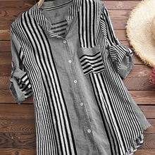Womens Spring Fall Cotton Linen Long Sleeves Roll Up Striped Casual V Neck Button Down Shirts Blouses Collar Tunic Tops