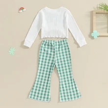 Little Kids Toddler Girl St Patrick’s Day Outfit Lucky Crop Shirt Bell Bottoms Green Plaid Pants Set Fashion Clothes