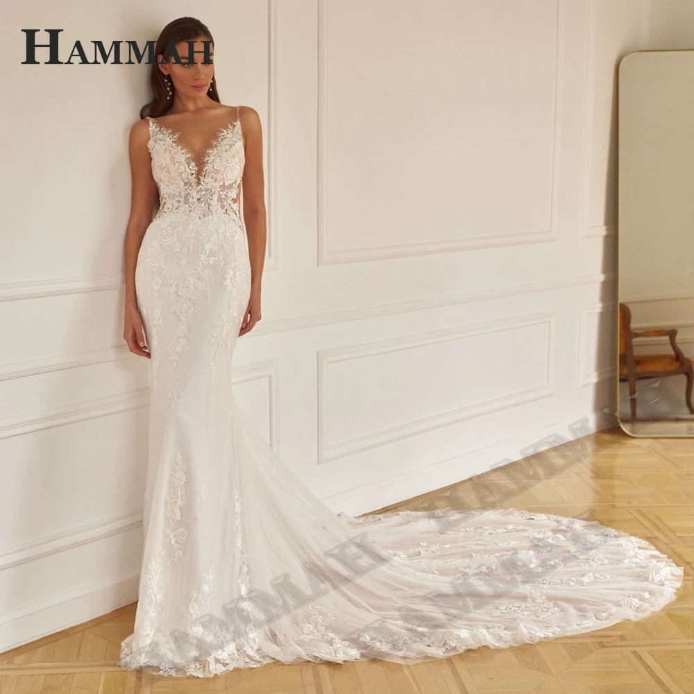 HAMMAH Vintage Trumpet Wedding Dress New V Neck Exquisite Sleeveless Brush Train Backless Vestido De Casamento Para Noiva
HAMMAH Vintage Trumpet Wedding Dress New V Neck Exquisite Sleeveless Brush Train Backless Vestido De Casamento Para Noiva