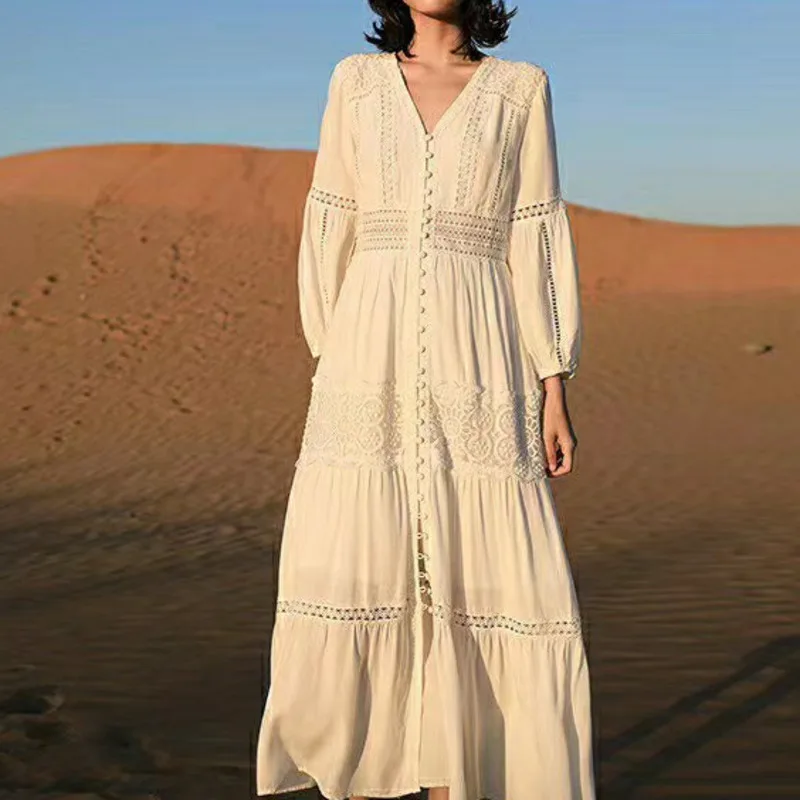 Fashion Bohemian Lace Hollow Out Dressees Women Sping Autumn Casual White Long Dresses Female V-neck Button Elegant Vestidos New
Fashion Bohemian Lace Hollow Out Dressees Women Sping Autumn Casual White Long Dresses Female V-neck Button Elegant Vestidos New