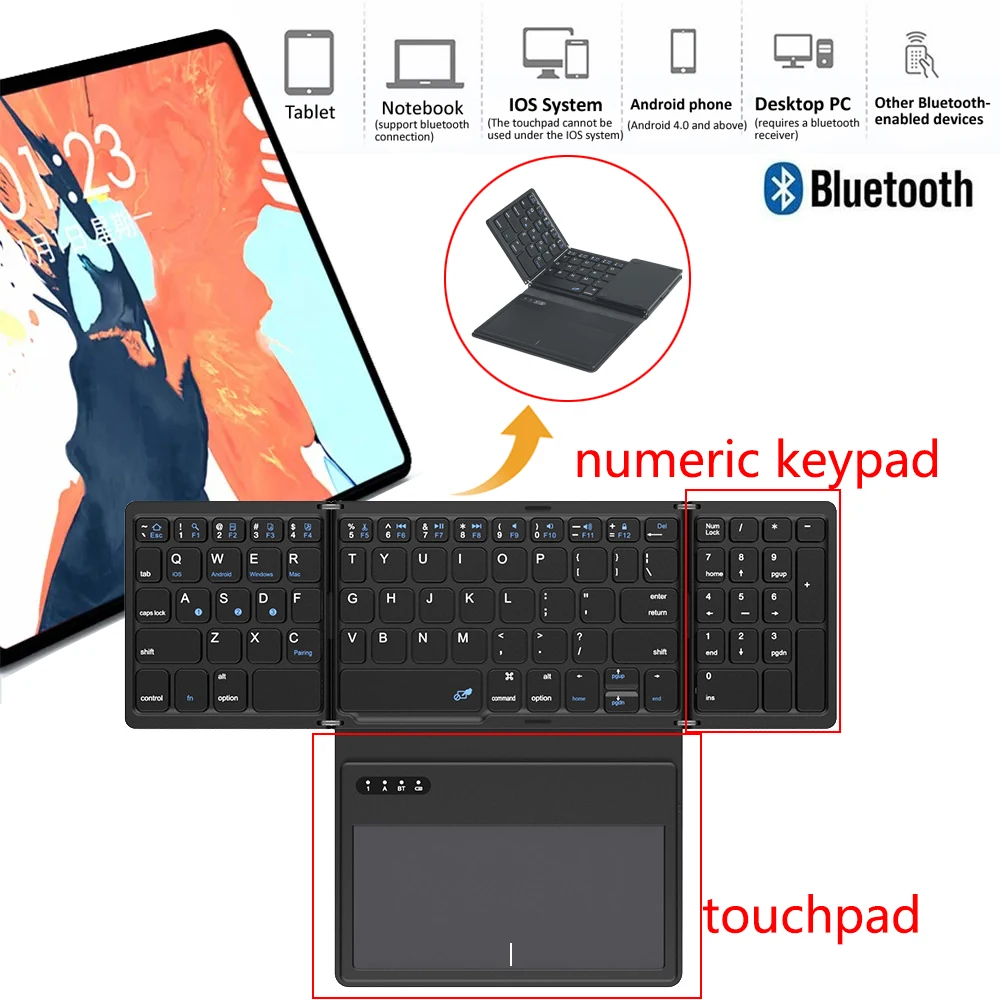 

Teclado Bluetooth Teclado para celular mini tablet keyboards wireless foldable folding keyboard with touchpad numeric keypad