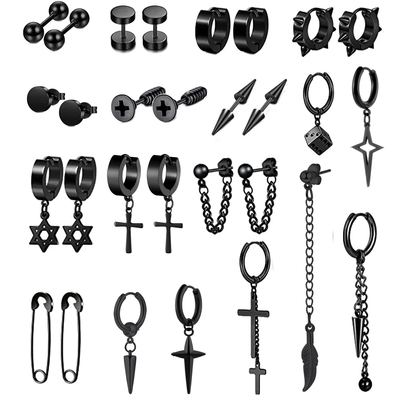 29 Pcs Stainless Steel Black Earrings for Men Huggie Hoop Earrings Cross Stud Earrings Moon Star Dangle Earrings Set for Unisex
29 Pcs Stainless Steel Black Earrings for Men Huggie Hoop Earrings Cross Stud Earrings Moon Star Dangle Earrings Set for Unisex