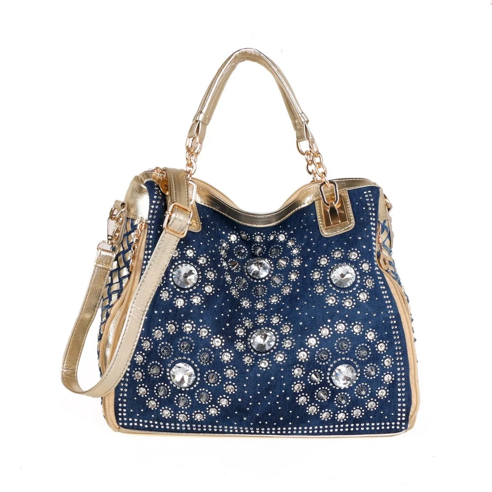 

2022 New Fashion Denim Braided With Rhinestones Personality Square Vertical Shoulder Bag