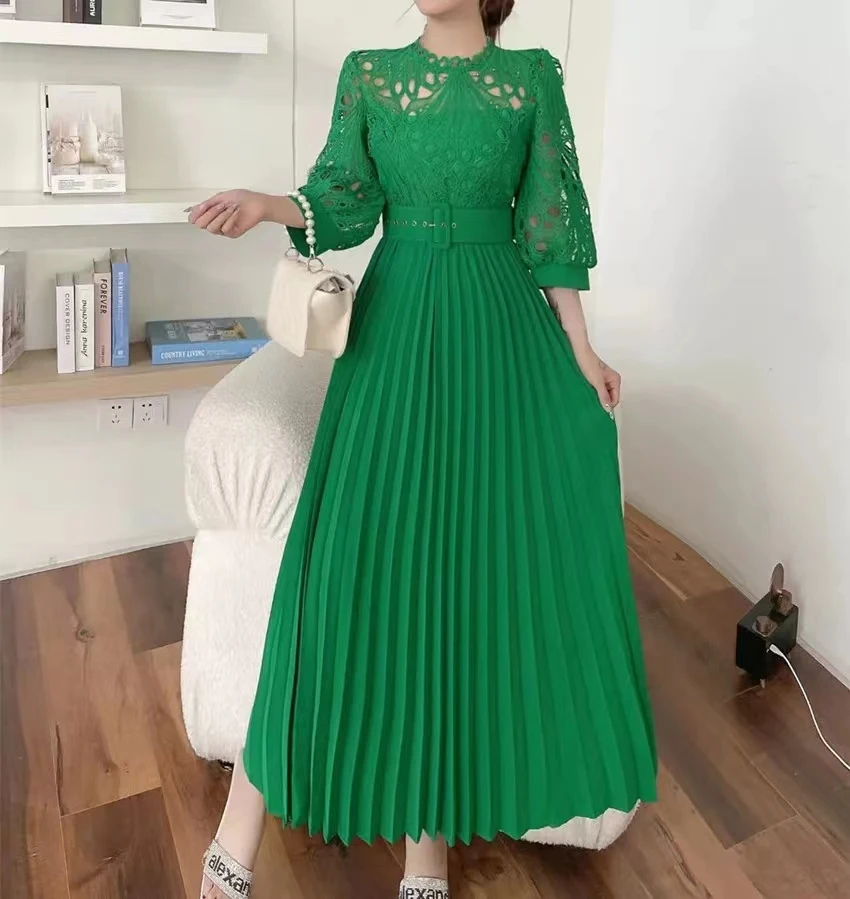 Elegant Runway Women Party Dress New Summer Lace Chiffon Patchwork Hollow Out Embroidery Puff Sleeve Long Vestidos With Belt
Elegant Runway Women Party Dress New Summer Lace Chiffon Patchwork Hollow Out Embroidery Puff Sleeve Long Vestidos With Belt