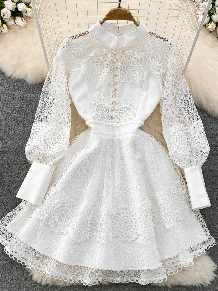 

Женское винтажное кружевное мини-платье, Элегантное черно-белое ажурное платье с воротником-стойкой и рукавами-фонариками, весна-осень