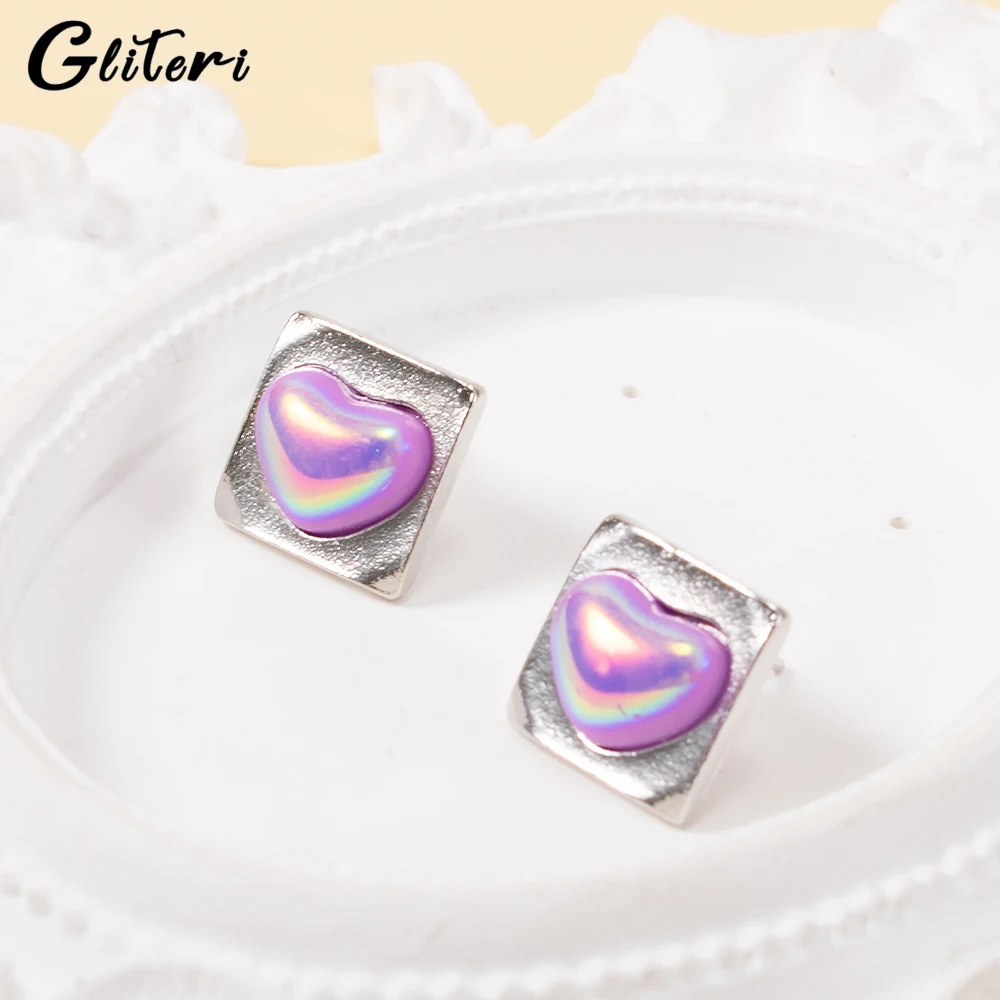 

GEITERI 1Pair Korean Style INS Heart Earrings For Women Girls Silver Color Square Pink Love Stud Earring Trendy Jewelry Party