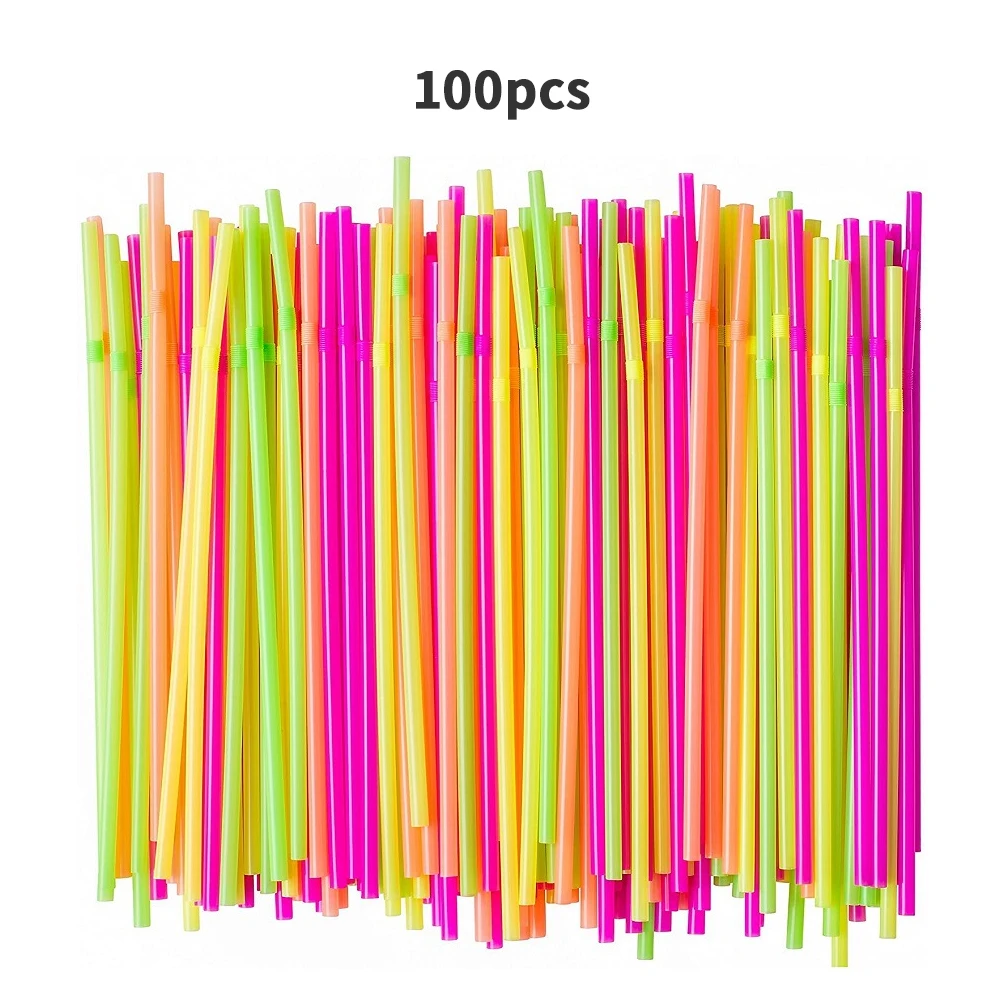

100Pcs Fluorescent Plastic Drinking Straws Bendable Disposable Straws Bar Cocktail Beverage Straws Mix-Color Party Supplies