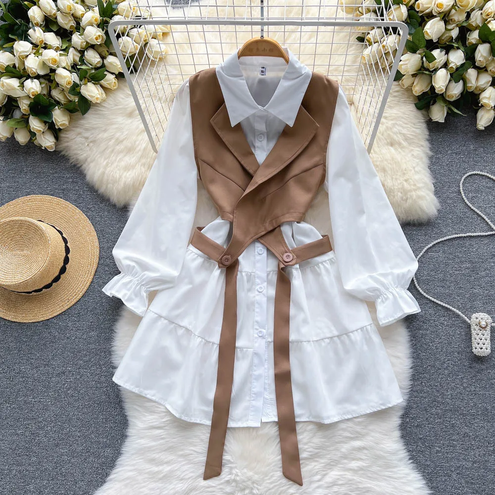 VANOVICH Fashion Casual Summer New Korean Loose White Lantern Sleeve A-line Mid-length Dress Breasted Short Vest Two-piece Set
VANOVICH Fashion Casual Summer New Korean Loose White Lantern Sleeve A-line Mid-length Dress Breasted Short Vest Two-piece Set