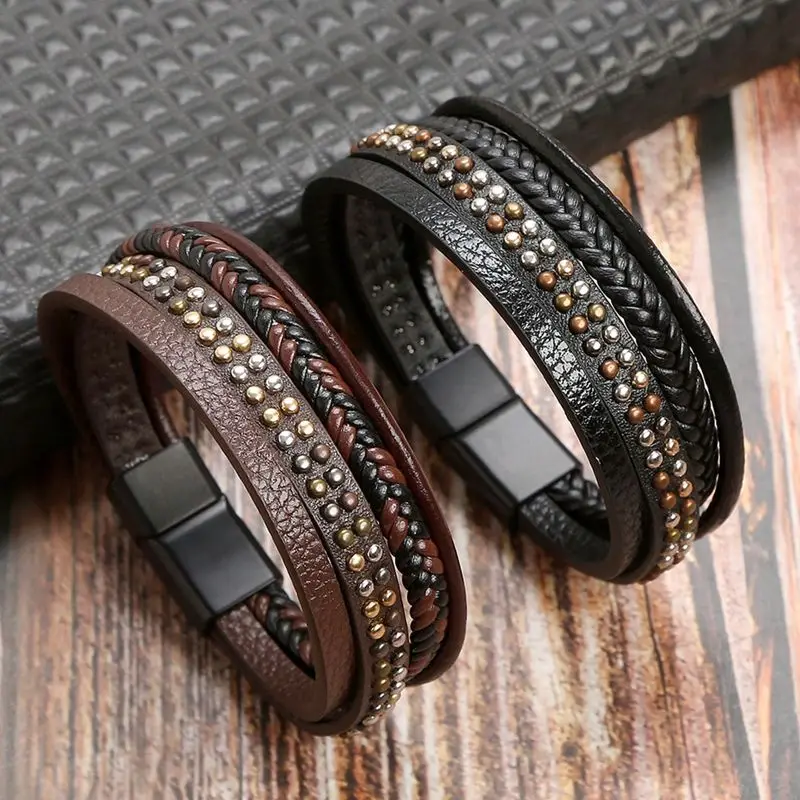 

Punk Design Men's Rivet Fashion Multi-Layers Bracelet Magnet Buckle Leather Rope Braided Male Bangles Charm Jewelry Gift