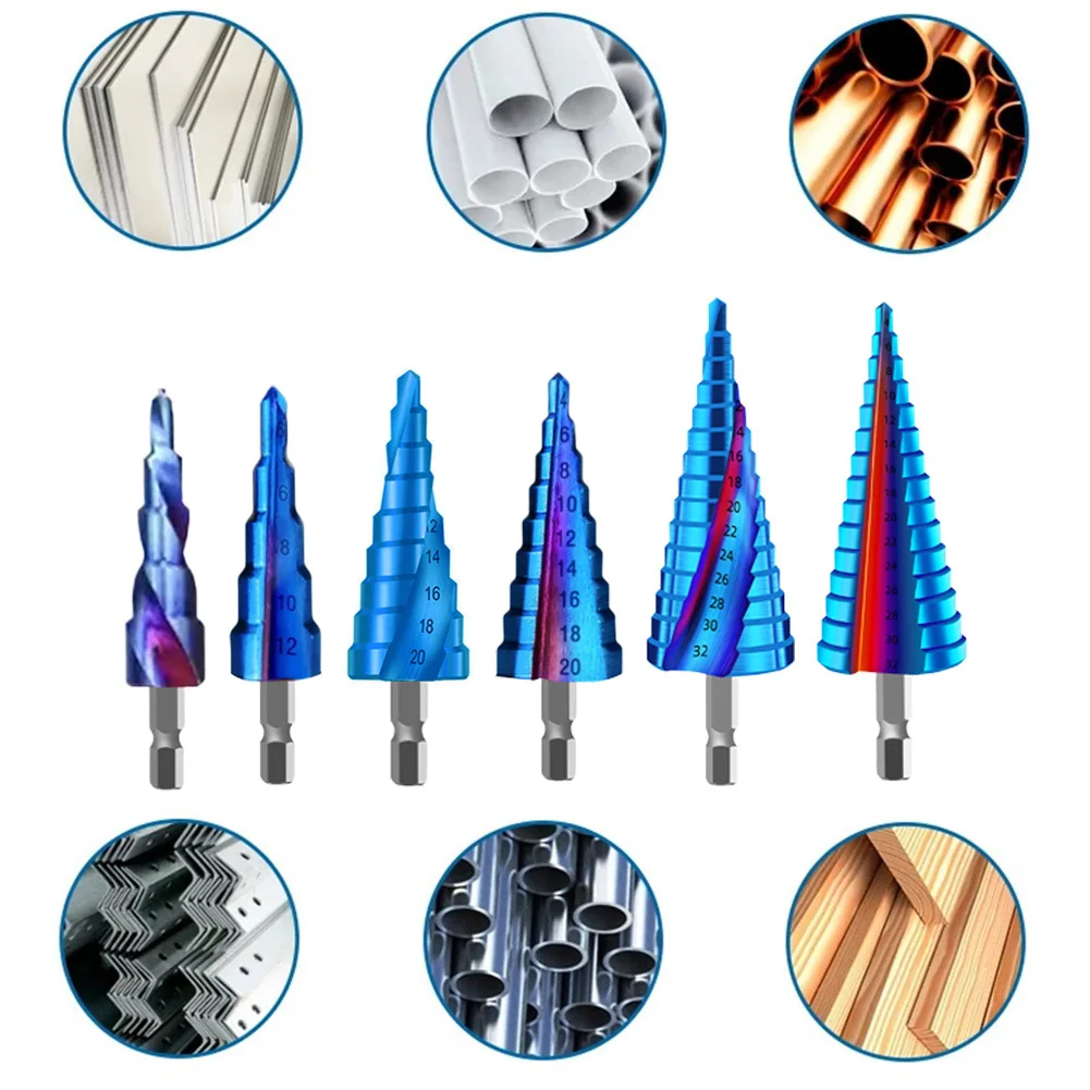 HSS 4241 Step Drill Bit 4-12mm/4-20mm/4-32mm Blue Coating Pagoda Drill Bit For Copper Wood Aluminium Titanium Alloy
HSS 4241 Step Drill Bit 4-12mm/4-20mm/4-32mm Blue Coating Pagoda Drill Bit For Copper Wood Aluminium Titanium Alloy