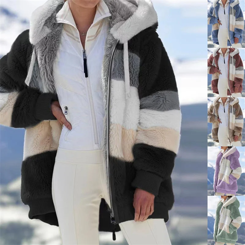 Winter Women Jacket Fashion Plush Patchwork Zipper Pocket Winter Hooded Jacket Retro Loose Long Sleeve Lady Top Coat
Winter Women Jacket Fashion Plush Patchwork Zipper Pocket Winter Hooded Jacket Retro Loose Long Sleeve Lady Top Coat