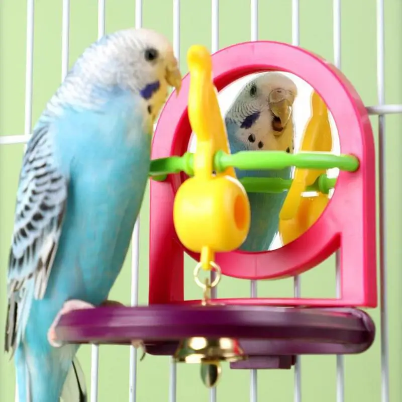 

Parrots Mirror With Feeder Cups Bowl Wooden Birds Interactive Self-happy Toy Puzzle Toy Bird Cage Parrot Toys Accessories