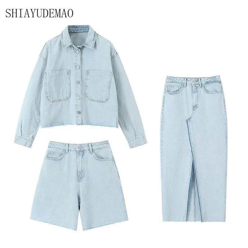 SHIAYUDEMAO Fashion Cotton Women's Summer Suit Elegant Vintage Summer Denim Jacket Coat Shorts + Length Skirt Sets New Two Piece
SHIAYUDEMAO Fashion Cotton Women's Summer Suit Elegant Vintage Summer Denim Jacket Coat Shorts + Length Skirt Sets New Two Piece