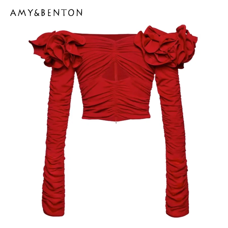 Spring Niche Fashionable Rose Flower Pleated Off-Shoulder Slim Fit Hollow Out Shoulder-Baring Long Sleeve T-shirt Tops For Women
Spring Niche Fashionable Rose Flower Pleated Off-Shoulder Slim Fit Hollow Out Shoulder-Baring Long Sleeve T-shirt Tops For Women
