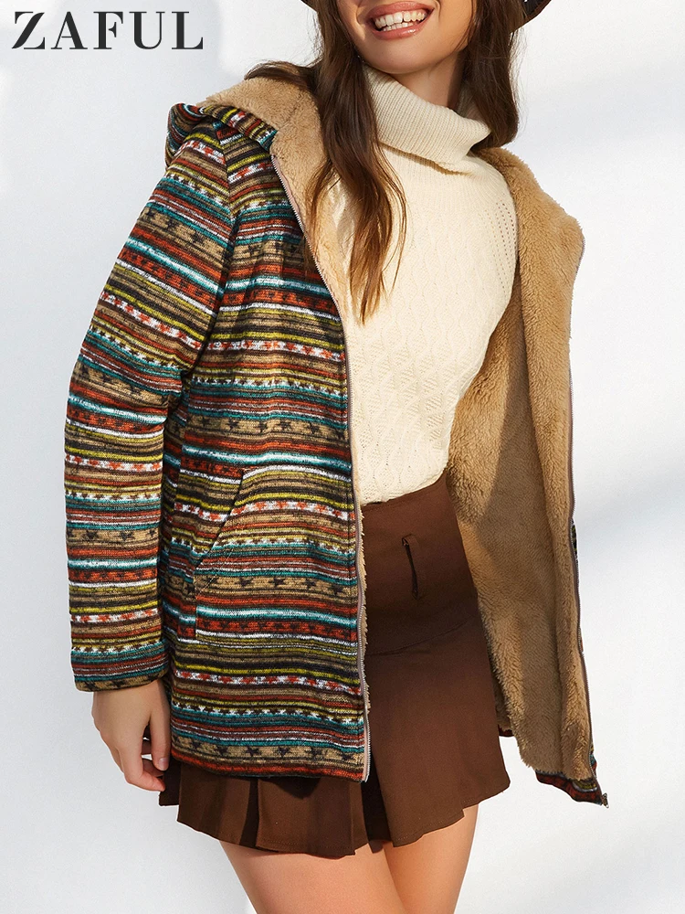 

ZAFUL Women's Fuzzy Plush Coat Ethnic Aztec Print Hooded Baggy Jacket Fur Lined Long Warm Parka for Winter 2022