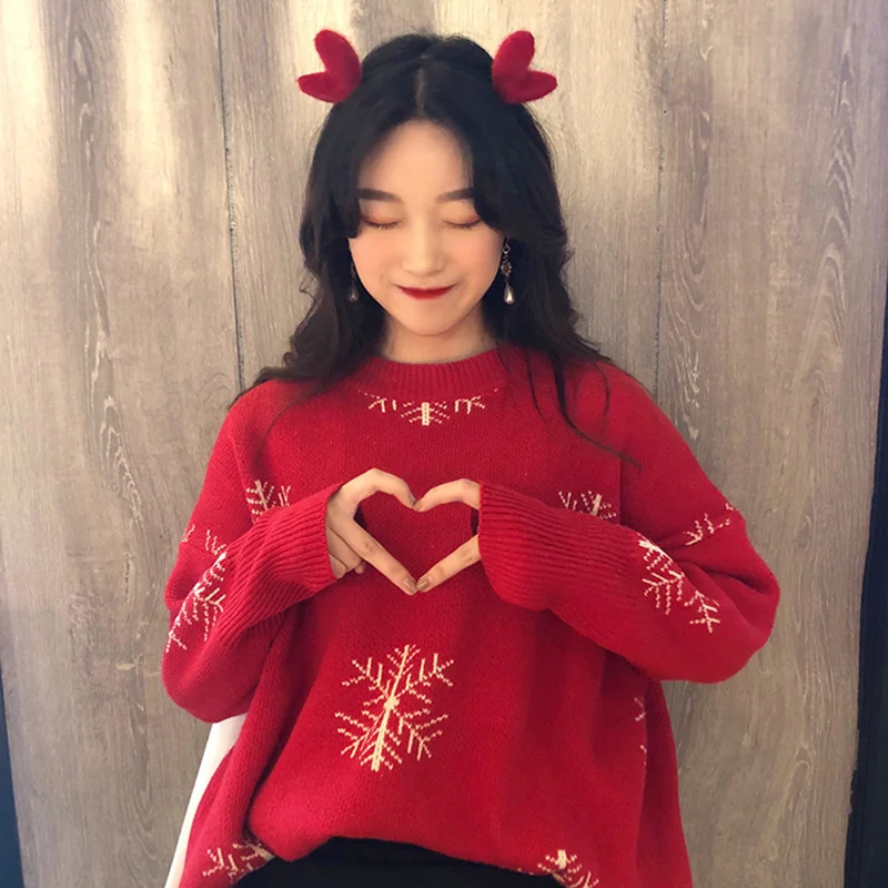 

DAYIFUN Red Sweaters Women Christmas Snowflake Long Sleeve Knitting Pullovers Winter Fashion Vintage Round Neck Knitted Jumpers
