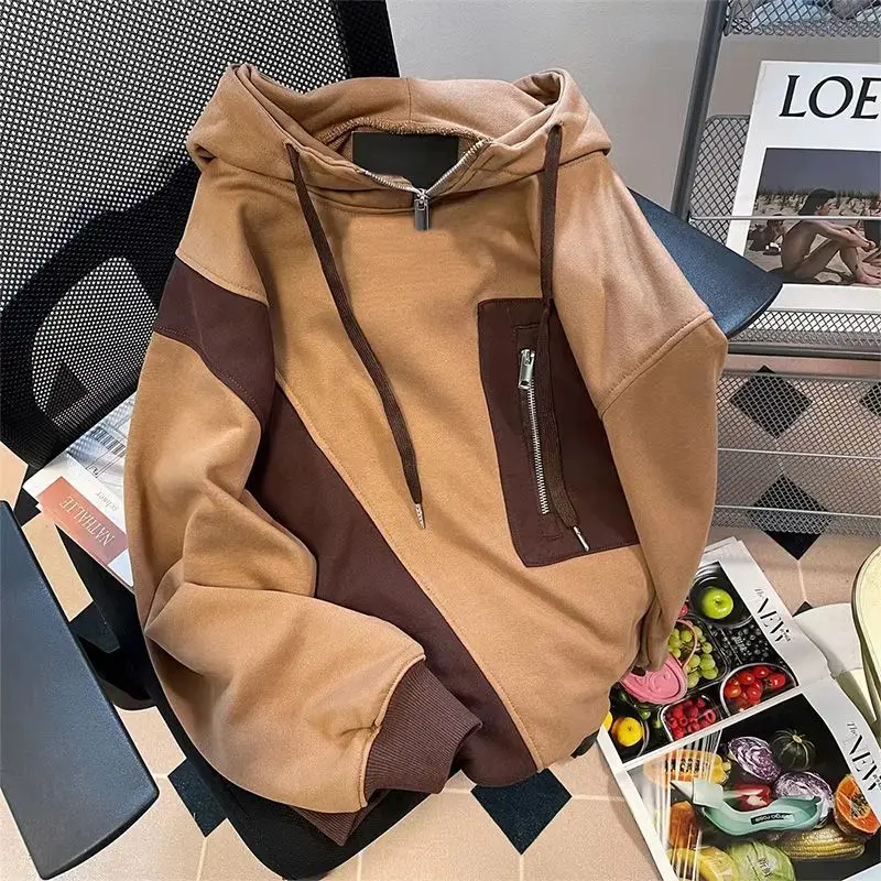 American retro hiphop contrast color stitching half zipper sweater women's autumn new lazy style high street hooded jacket 
American retro hiphop contrast color stitching half zipper sweater women's autumn new lazy style high street hooded jacket