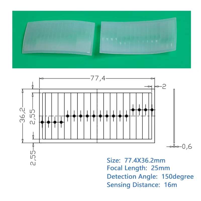 77,4X36,2 мм Френеля HDPE Инфракрасный сенсорный объектив для человеческого тела PIR-объектив 16 м Расстояние обнаружения Фокусное расстояние 25 мм
77,4X36,2 мм Френеля HDPE Инфракрасный сенсорный объектив для человеческого тела PIR-объектив 16 м Расстояние обнаружения Фокусное расстояние 25 мм