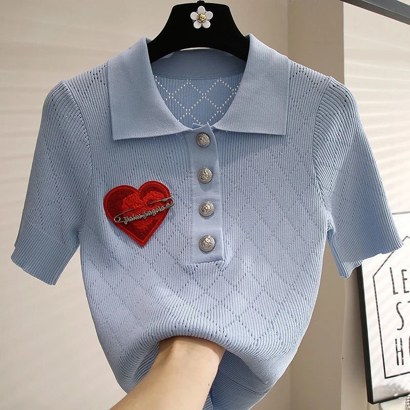 High Quality Love Heart Embroidery Button Up POLO Shirt Summer Short Sleeve Vintage Elegant Office Ladies Tops Korean Fashion 
High Quality Love Heart Embroidery Button Up POLO Shirt Summer Short Sleeve Vintage Elegant Office Ladies Tops Korean Fashion