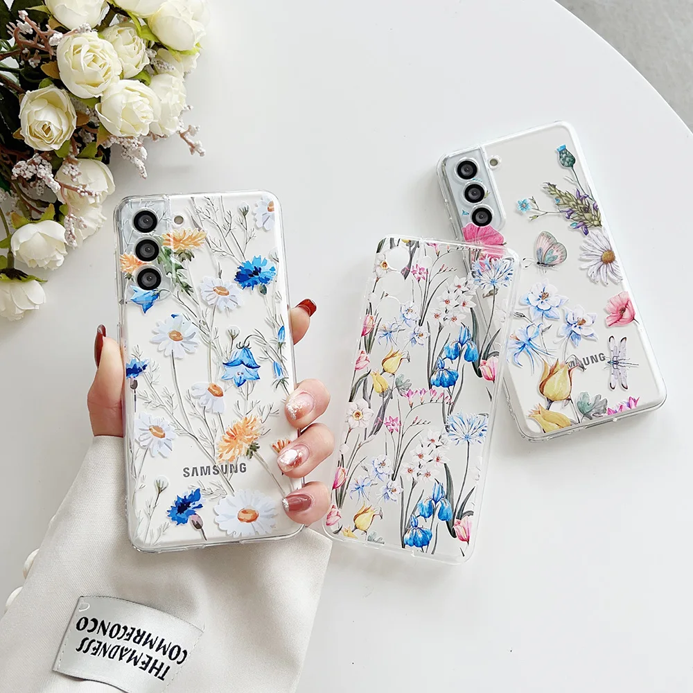 

Flowers butterflies Transparen Case For Samsung Galaxy S22 Ultra Note 20 S21 Plus S20 FE A53 A52s 5G Shockproof Soft Back cover